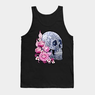 Unique Cool Blue Floral Pink Flowers Skull Tank Top